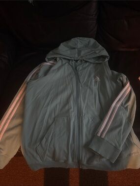 adidas Light Teal Hooded Track Jacket with Pink Stripes